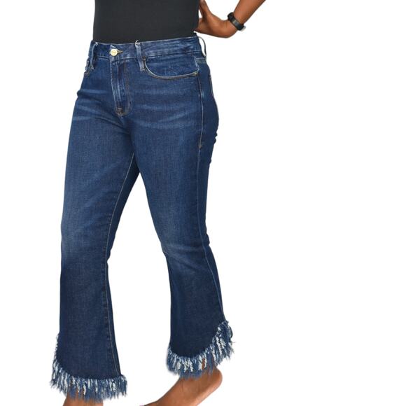 Frame Le Crop Mini Boot Jeans Blue Mid Rise Stretch Shredded Fringe Hem Size 29 - Picture 15 of 15